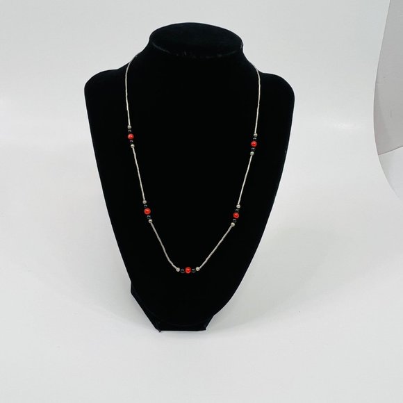 Liquid Silver Sterling Silver Necklace Red Coral Black Onyx Station Beads 19" - Picture 7 of 9